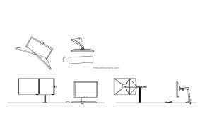 autocad drawing of a monitor arm with dual monitor, dwg file, plan and elevations 2d views, file for free download