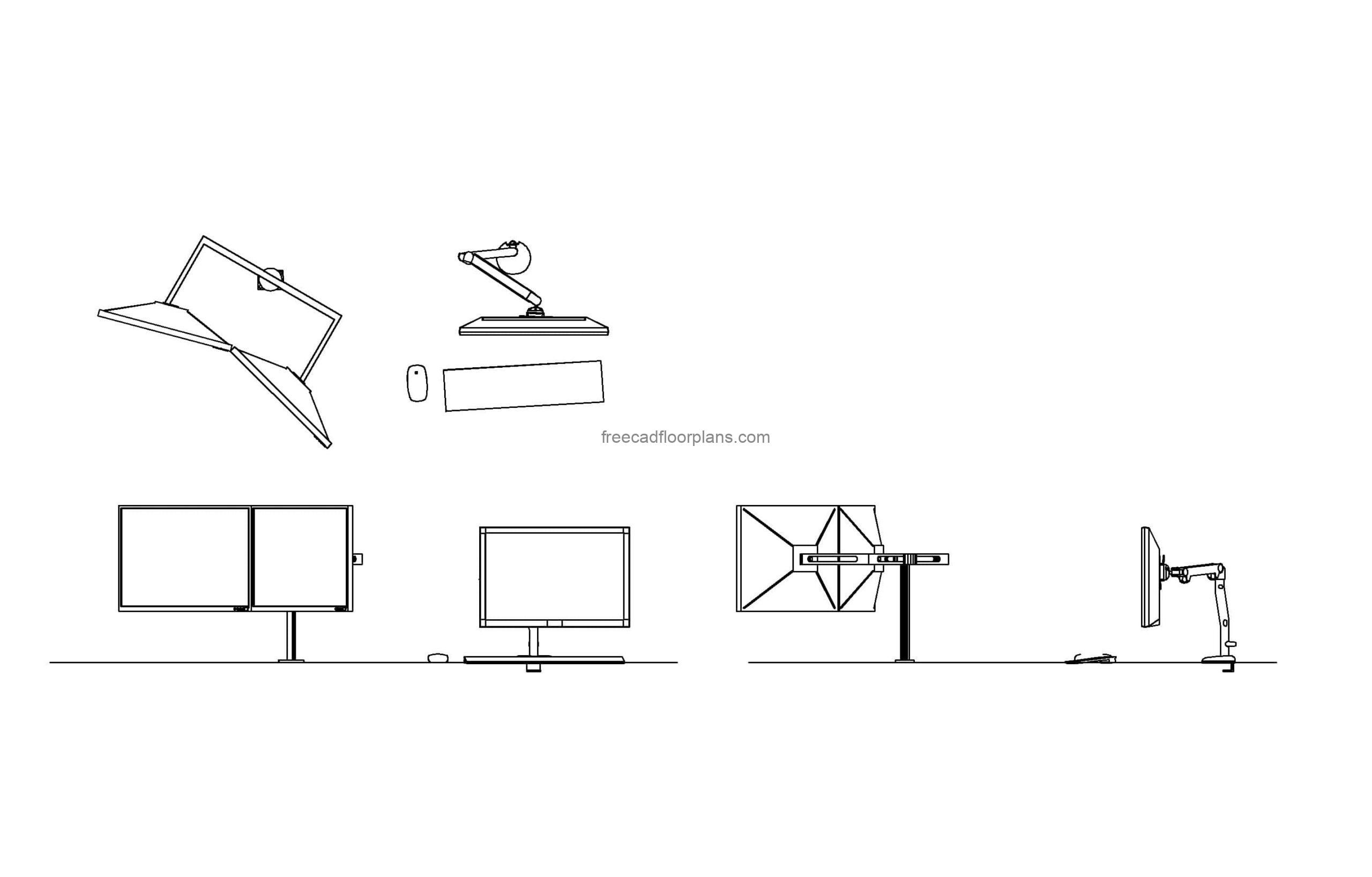 autocad drawing of a monitor arm with dual monitor, dwg file, plan and elevations 2d views, file for free download