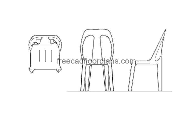 autocad drawing of a monoblock chair, 2d plan and elevation views, dwg file for free download