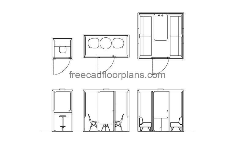 office phone booths autocad drawing, plan and elevation 2d views, dwg file download for free
