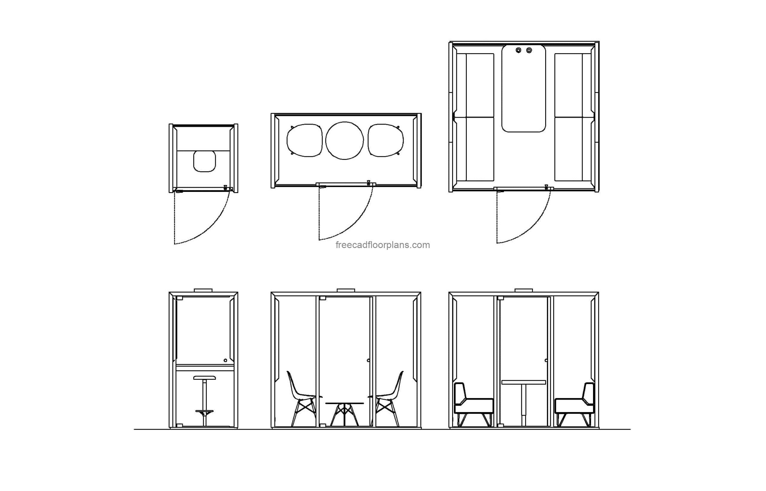office phone booths autocad drawing, plan and elevation 2d views, dwg file download for free