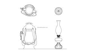 autocad drawing of different oil lamps, 2d plan and elevation views, dwg file for free download