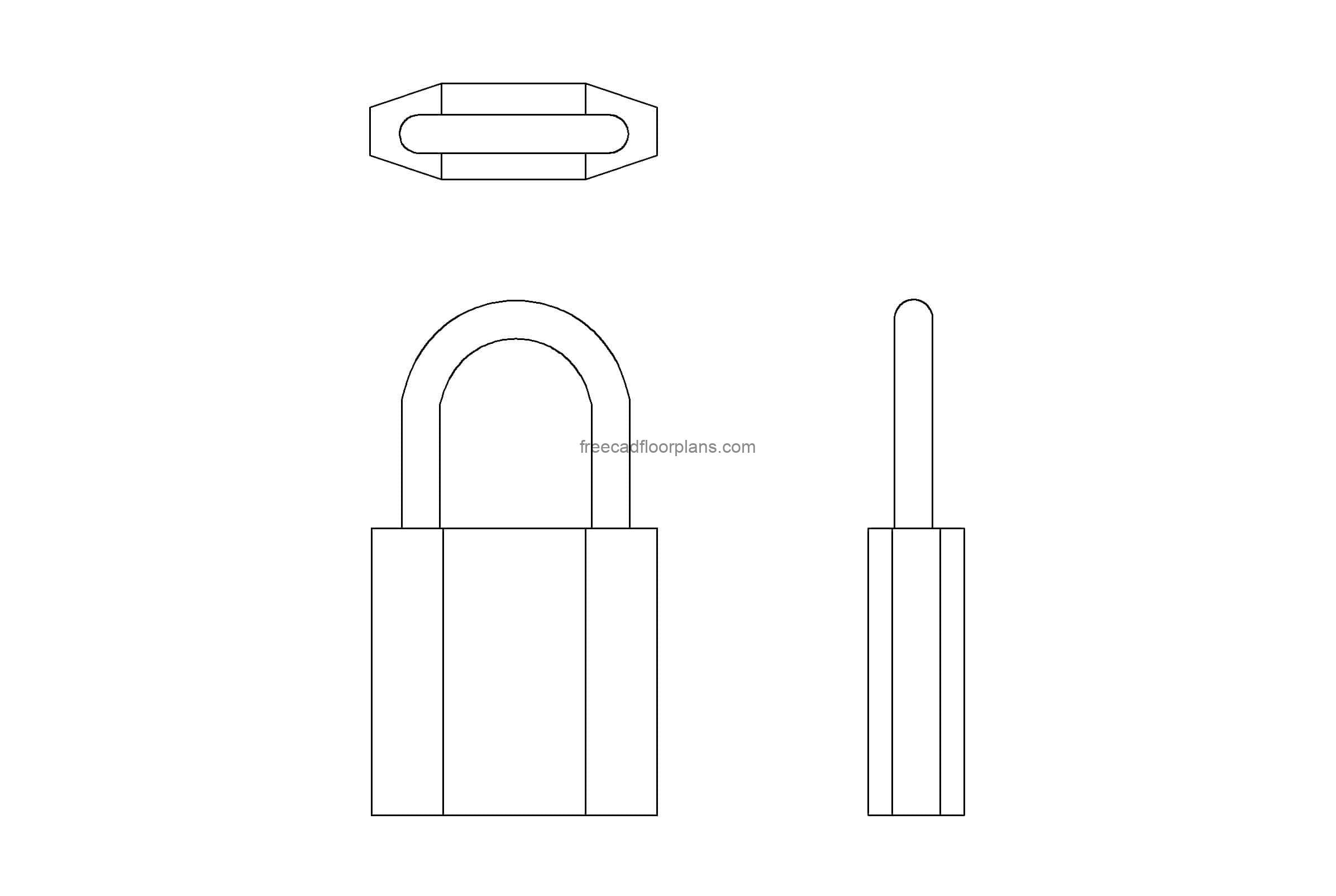 autocad drawing with all 2d views of a padlock, plan and elevation 2d views, dwg file for free download