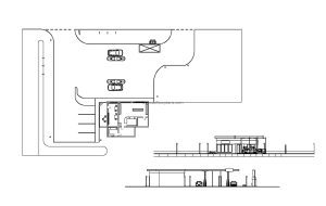 autocad drawing of a complete petrol station, plan and elevation 2d views, dwg file for free download