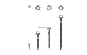autocad drawing of different self drilling screws, plan and elevation 2d views, dwg file for free download