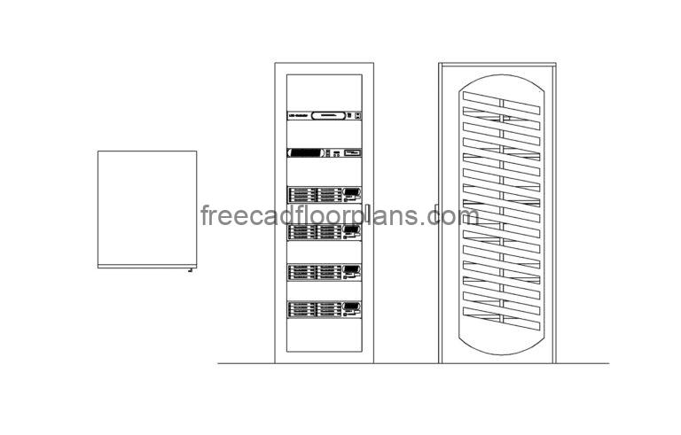 autocad block drawing of a server rack 2d plan and elevation views, dwg file download for free