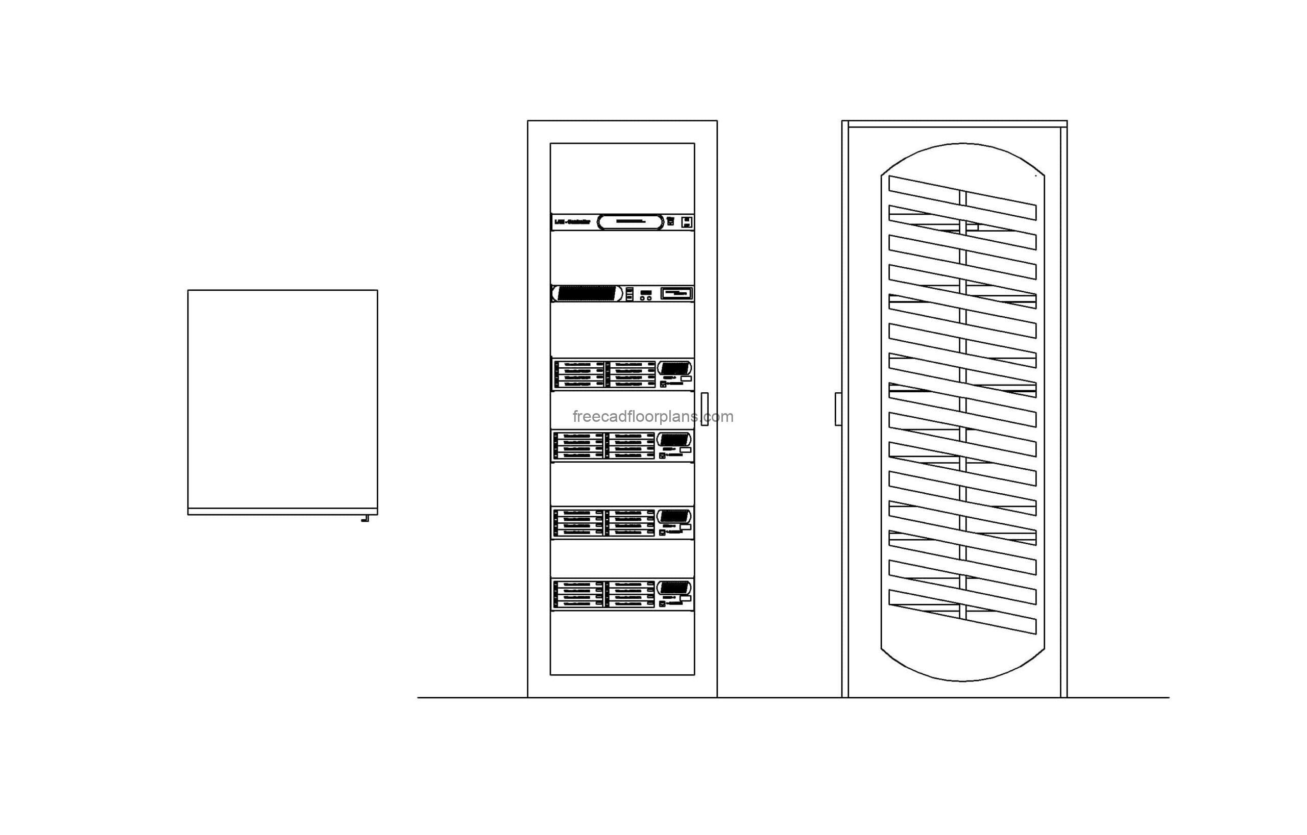 autocad block drawing of a server rack 2d plan and elevation views, dwg file download for free