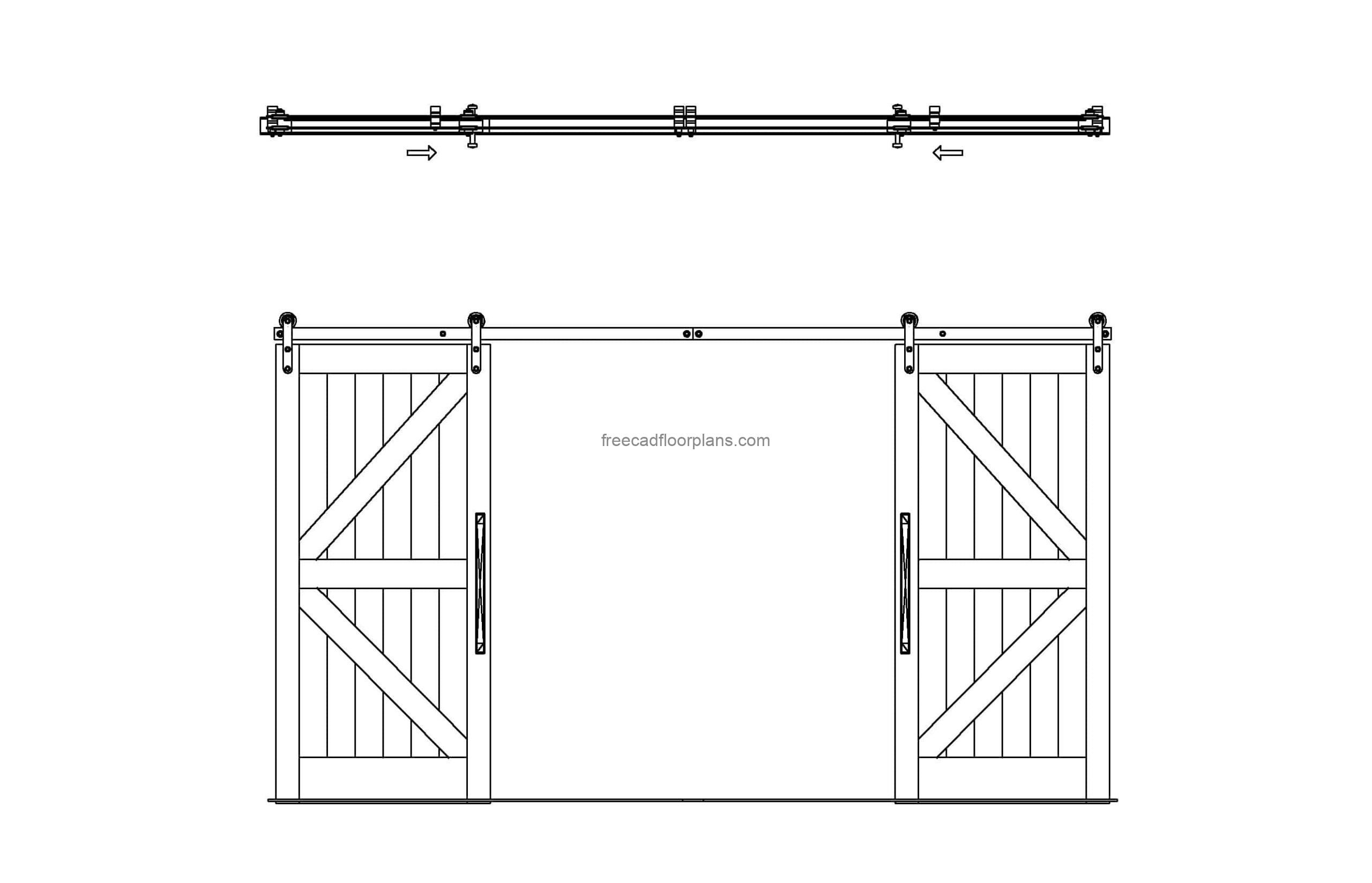 autocad drawing of a sliding barn doors, plan and front elevation 2d views, dwg file free for download