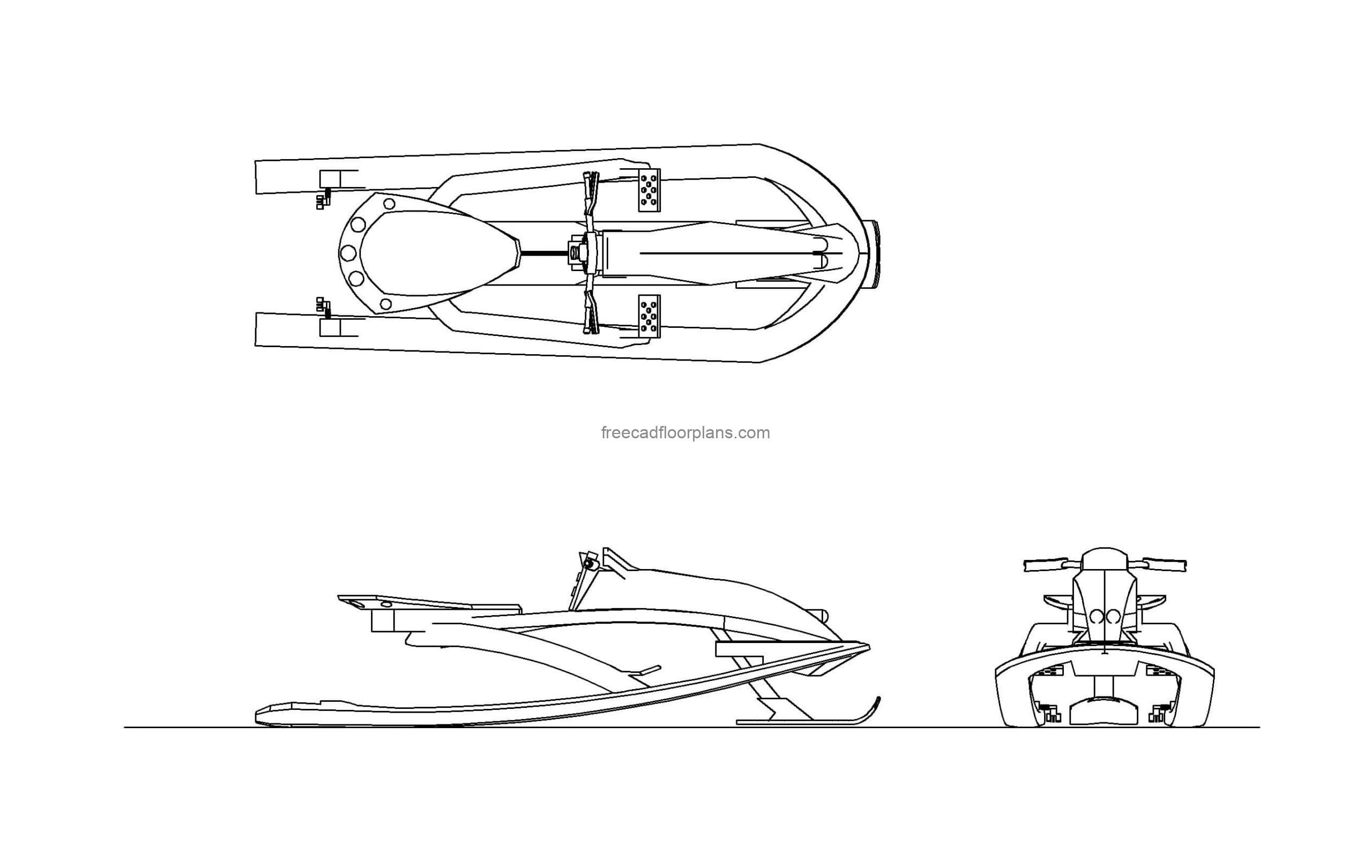 snowmobile autocad drawing with all 2d views, plan and elevation, dwg file for free download