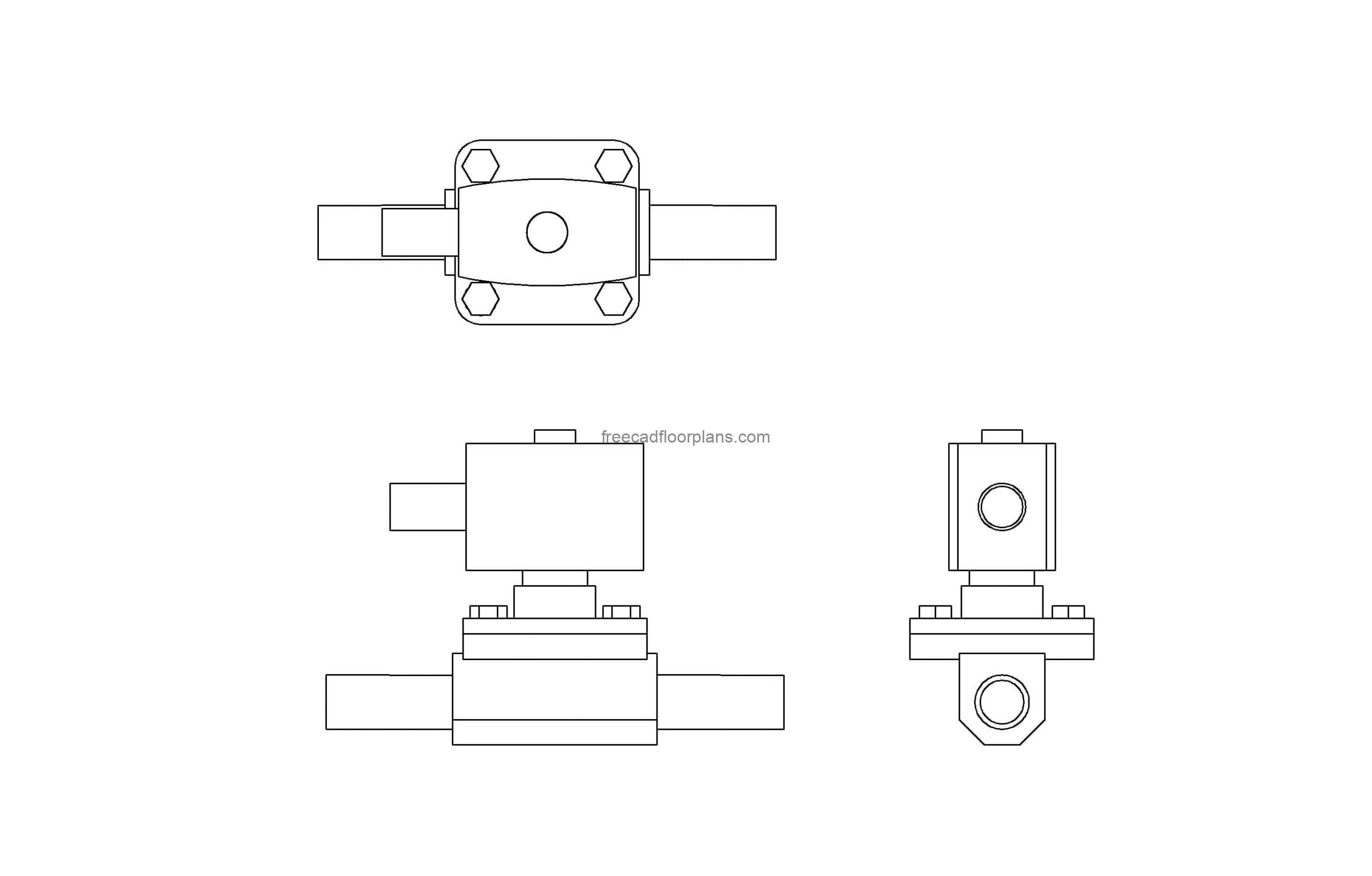 autocad drawing of a solenoid valve, 2d view plan and elevation dwg file for free download