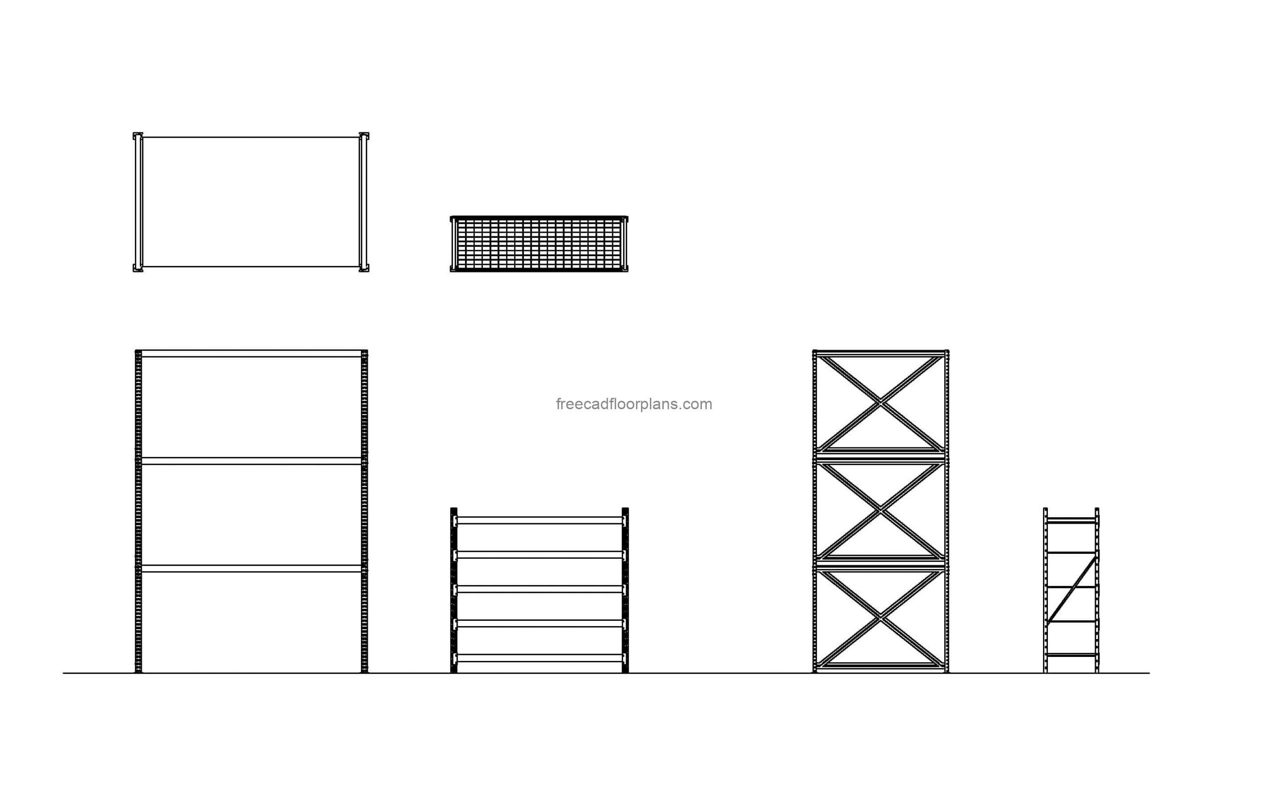 storage racks autocad drawing plan and elevation 2d views, dwg file for free download