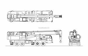 autocad drawing of a tadano crane, 2d plan and elevation, dwg file for free download