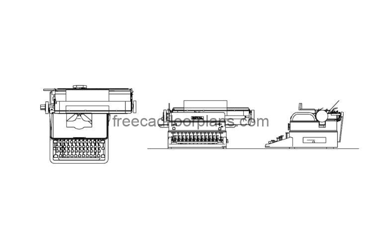 autocad drawing of a typewriter plan and elevation 2d views, dwg file for free download