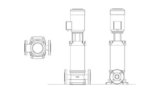 autocad drawing of a vertical booster pump, all 2d views, plan and front, side elevations, dwg file for free download