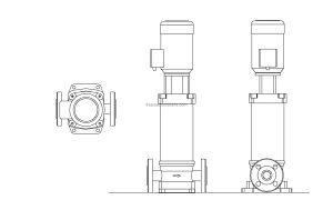 autocad drawing of a vertical booster pump, all 2d views, plan and front, side elevations, dwg file for free download