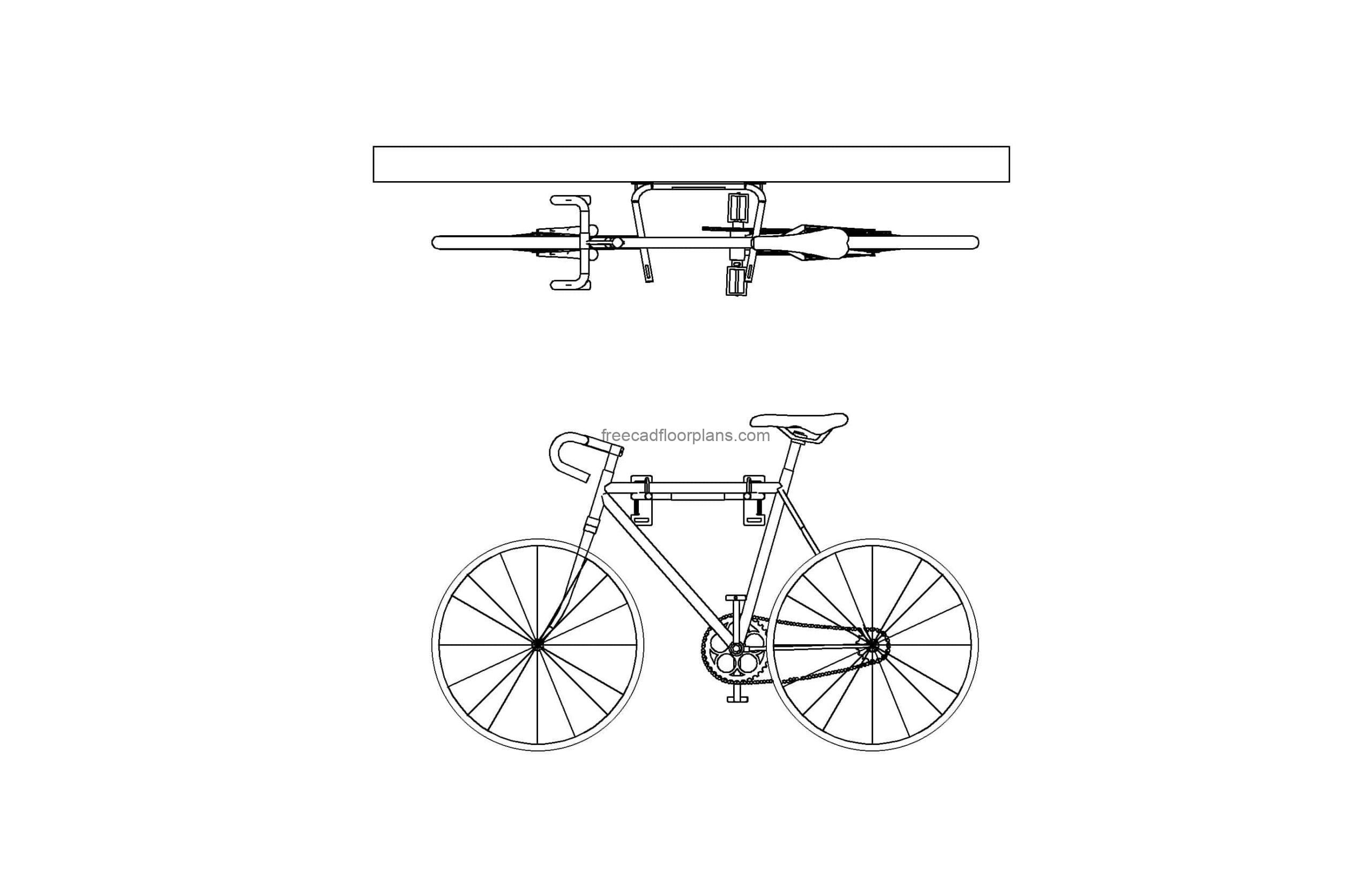 autocad drawing of a wall mounted bike rack, plan and front elevation 2d views, dwg file for free download