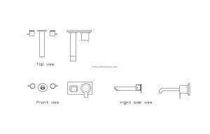 autocad drawing of different wall mounted taps, 2d views, top, front and side elevation, dwg file for free download
