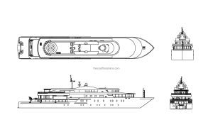yacht autocad drawing, 2d views plan and elevations, dwg file for free download