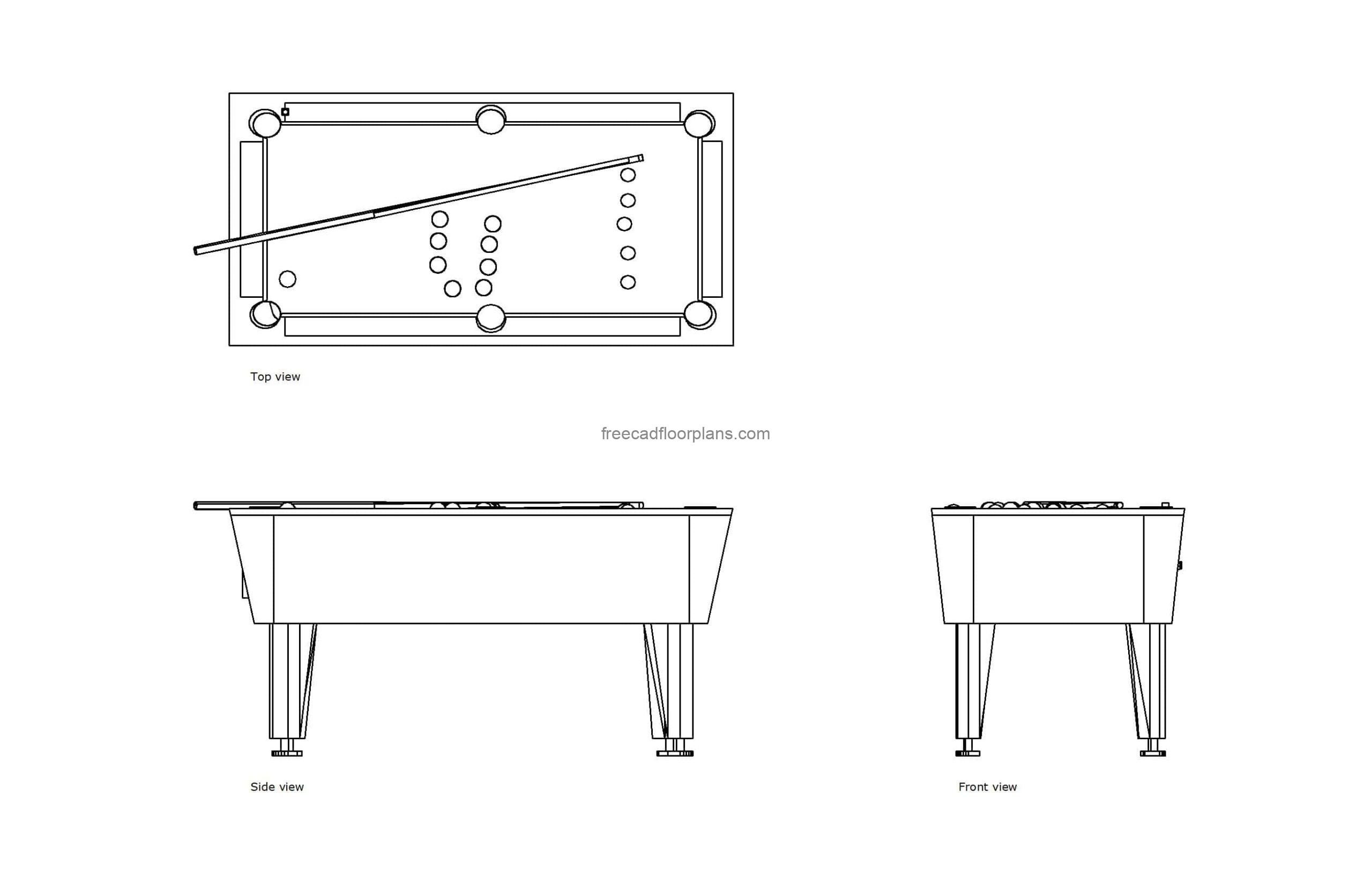 autocad drawing ofa 7ft pool table, 2d plan and elevation views, dwg file free for download