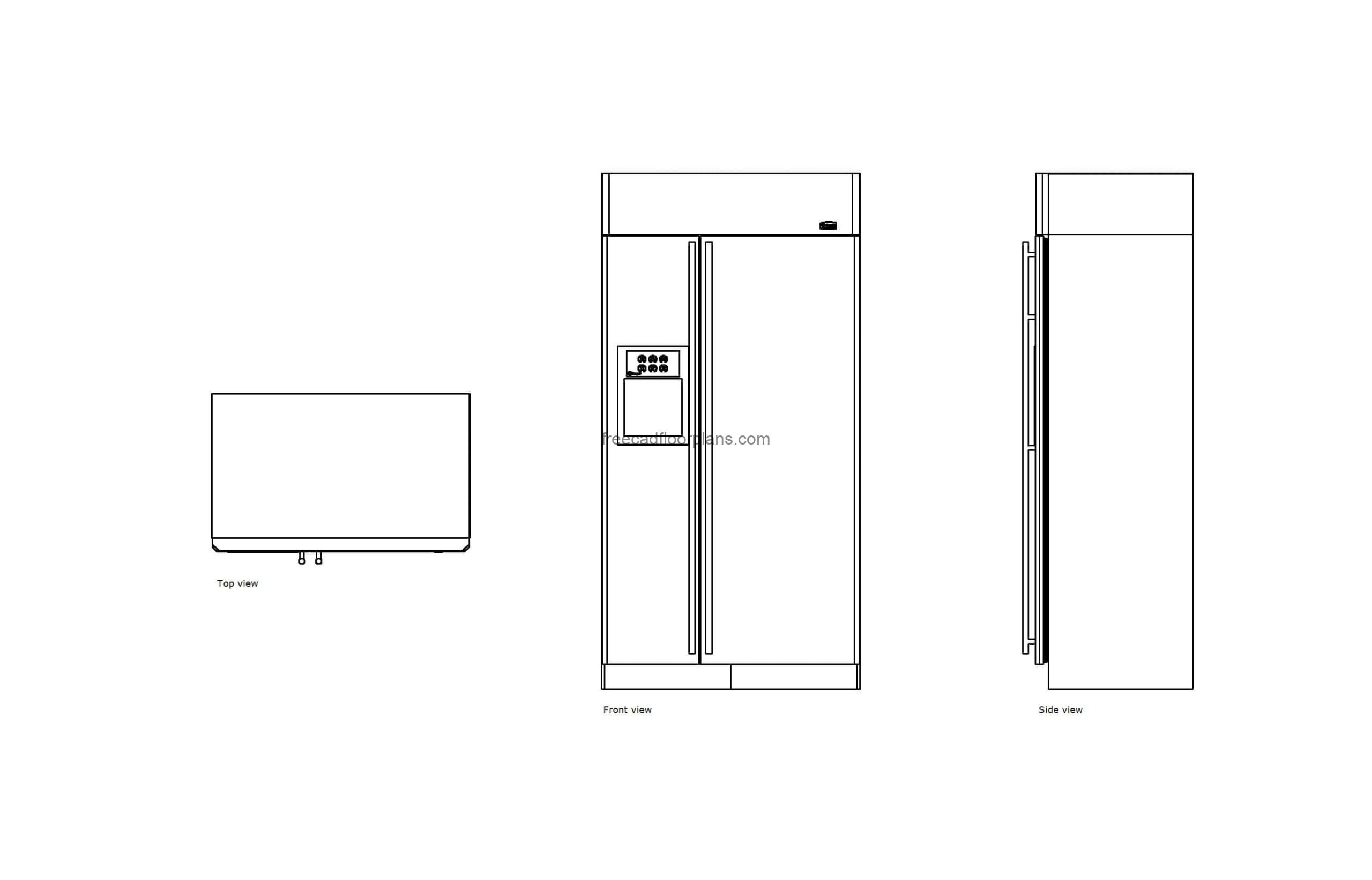 autocad drawing of a GE monogram refrigerator, 2d plan and elevation views, dwg file free for download