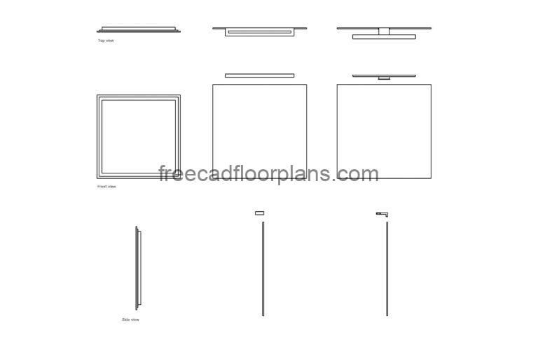 autocad drawing of different mirror lights, plan and elevation 2d views, dwg file free for download