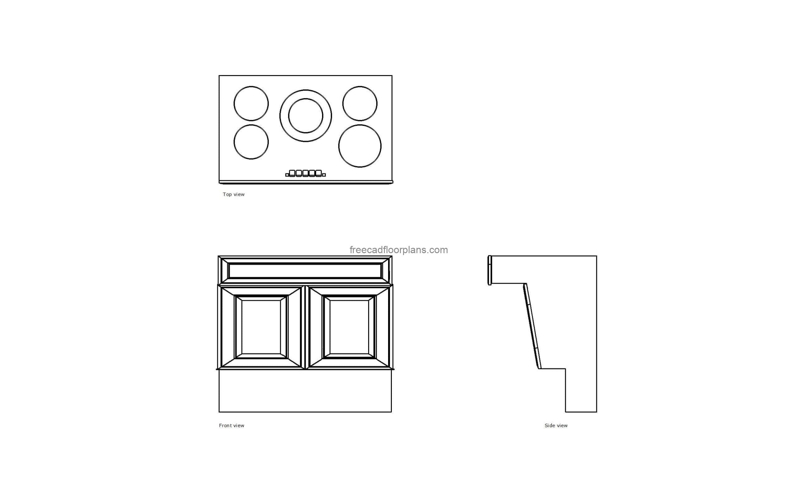 autocad drawing of an accessible stove for free download, 2d views, plan and elevation, dwg file