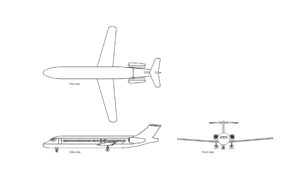 autocad 2d drawing of a commercial airplane, all 2d views, plan and elevation, dwg file free for download