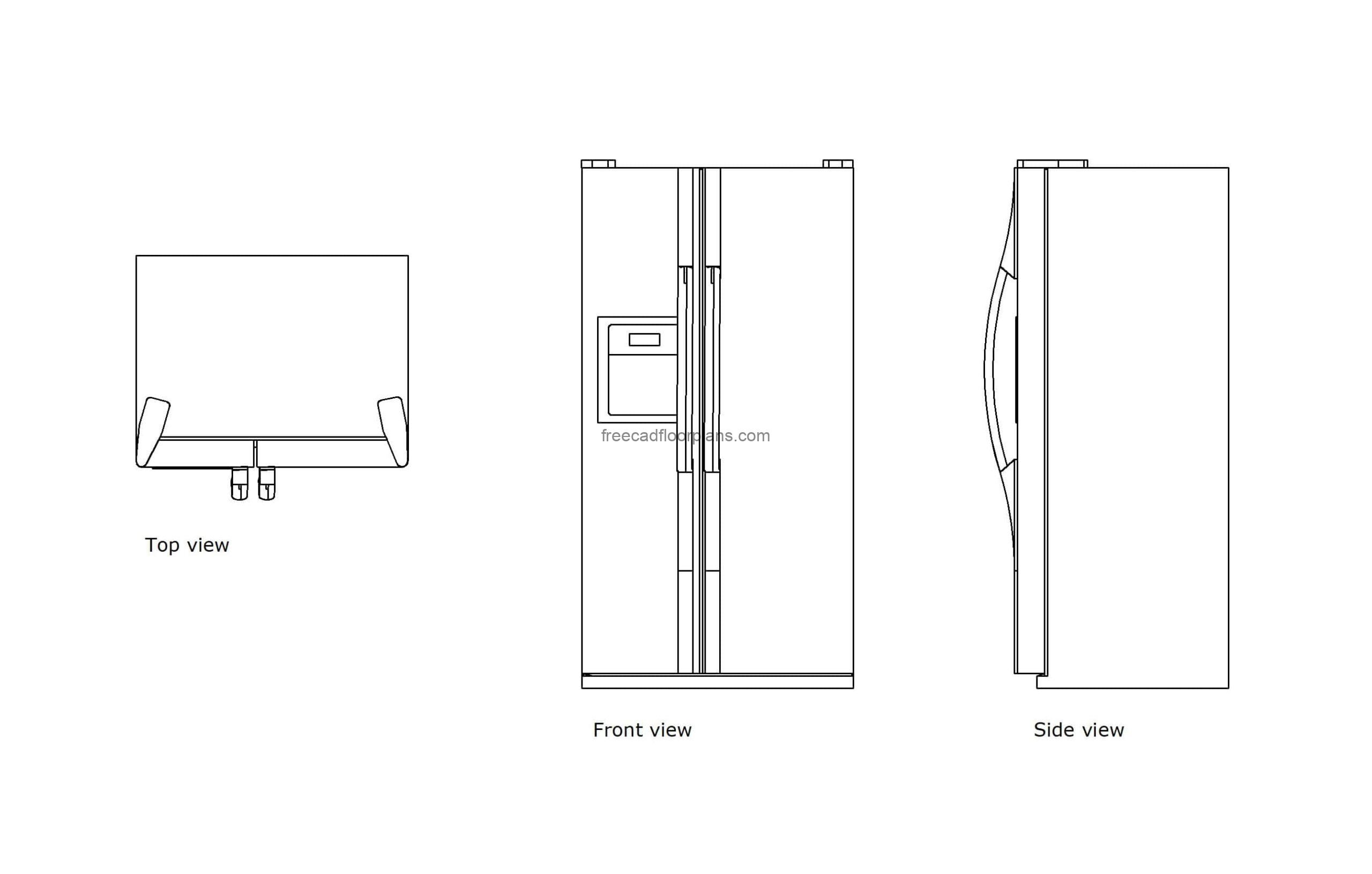 autocad drawing of a american fridge freezer, plan and elevation 2d views, dwg file free for download