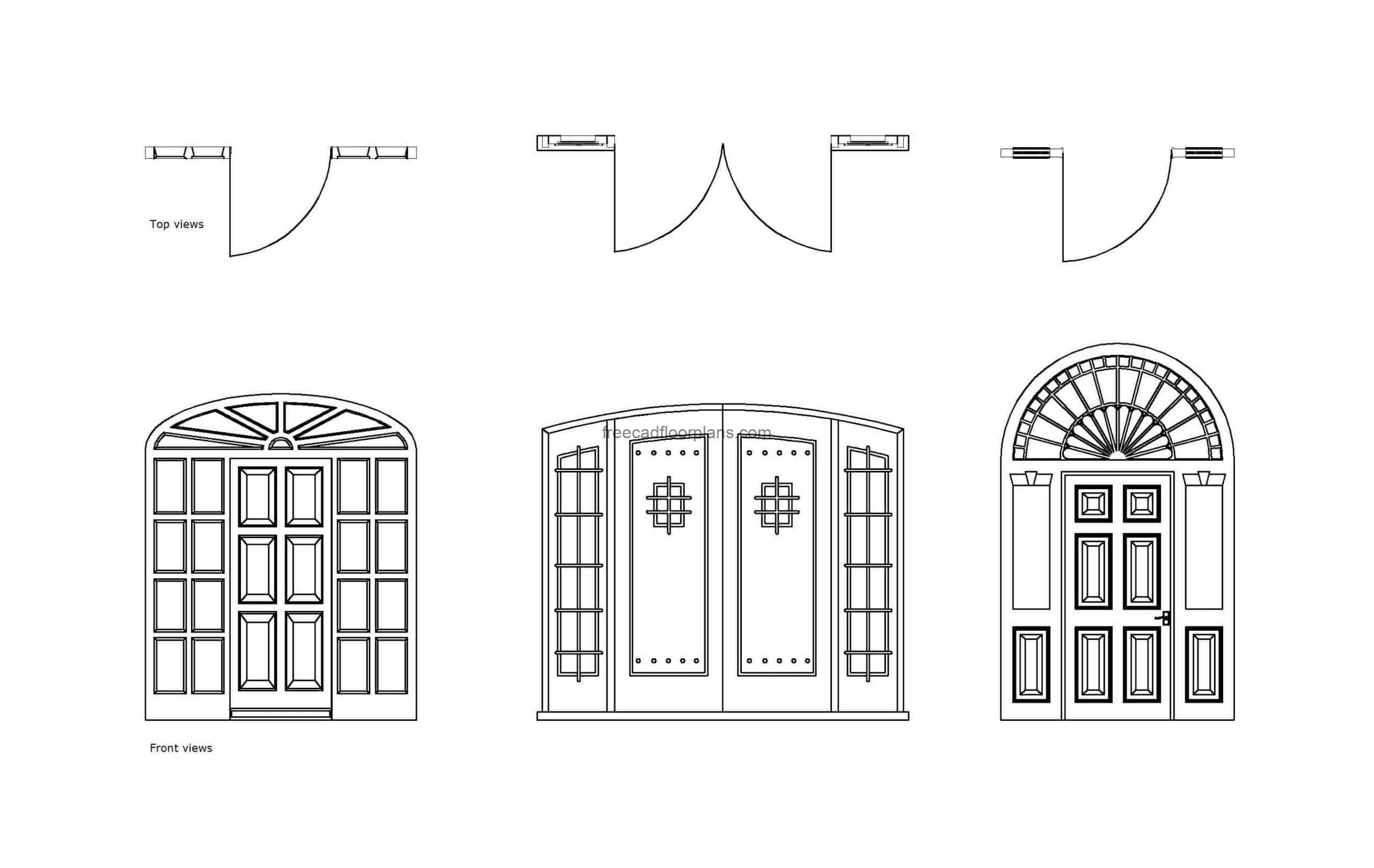 autocad drawing of different arched doors, plan and elevation 2d views, dwg file free for download