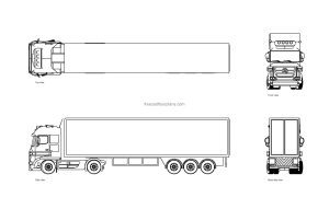 autocad drawing of an articulated lorry, 2d views, top, fron and side elevation, dwg file for free download