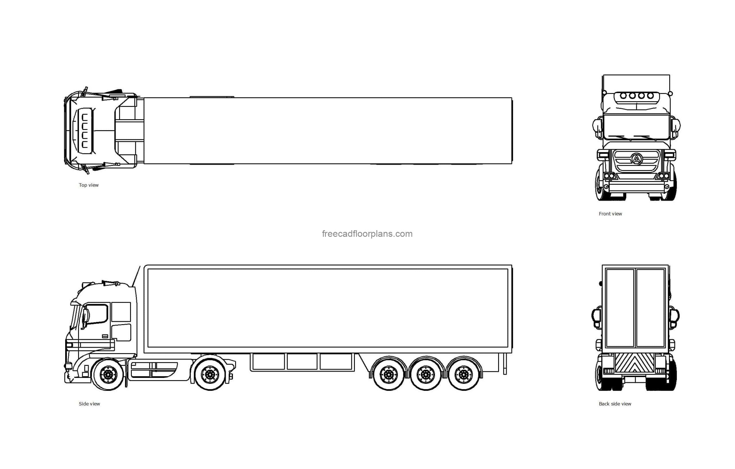 autocad drawing of an articulated lorry, 2d views, top, fron and side elevation, dwg file for free download
