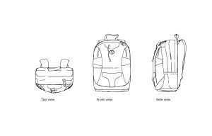 autocad drawing of a backpack, plan and elevation 2d views, dwg file free for download