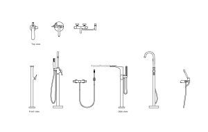 autocad drawing of different bathtub faucets, plan and elevation 2d views, dwg file free for download