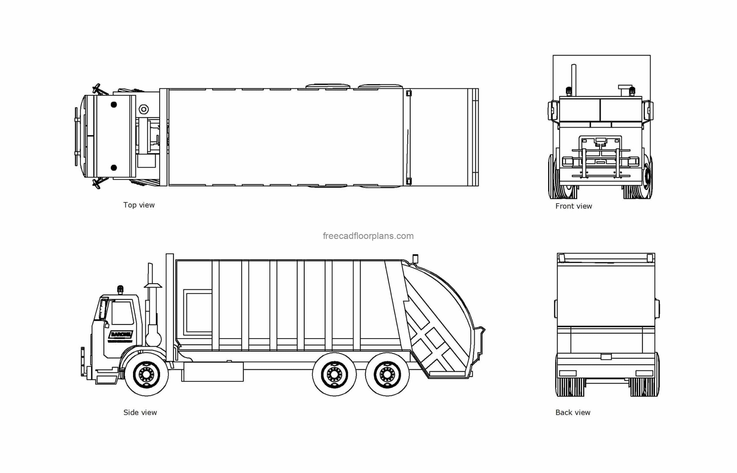 autocad drawing of a bin lorry, all 2d views, top, fron, and sides elevation, dwg file free for download