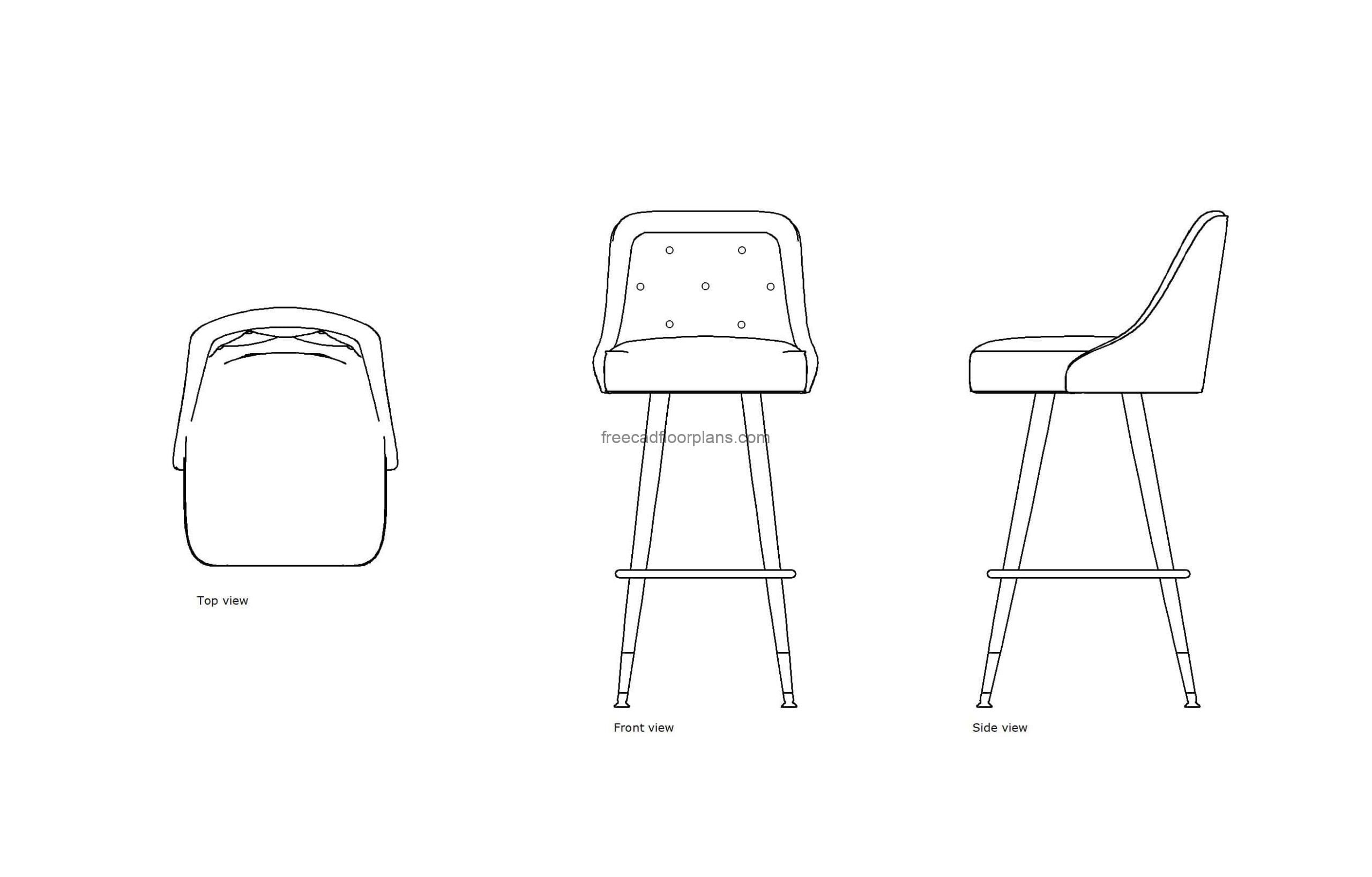 autocad drawing of a bucket bar stool, 2d plan and elevation dwg file free for download