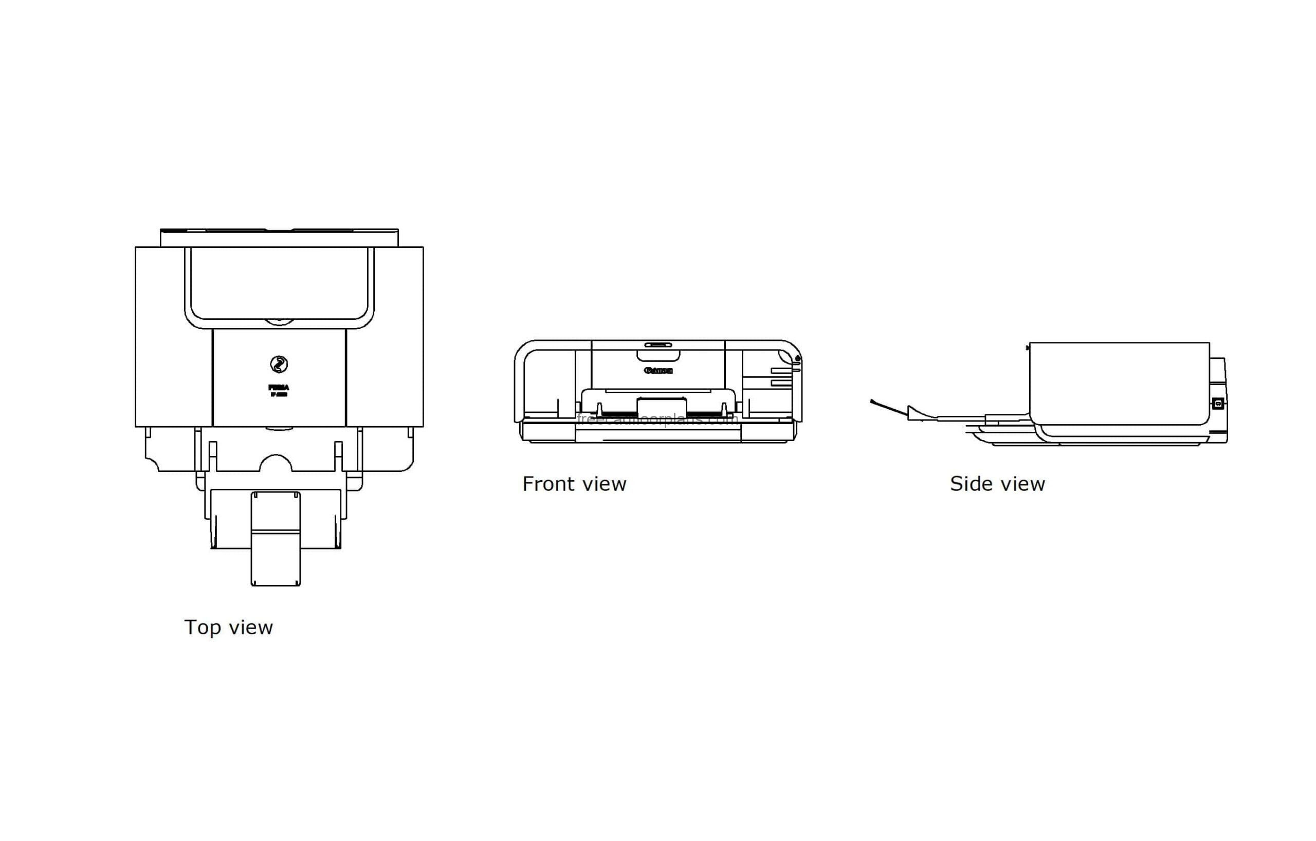autocad drawing of a canon printer, 2d views, dwg file plan and elevation view, for free download
