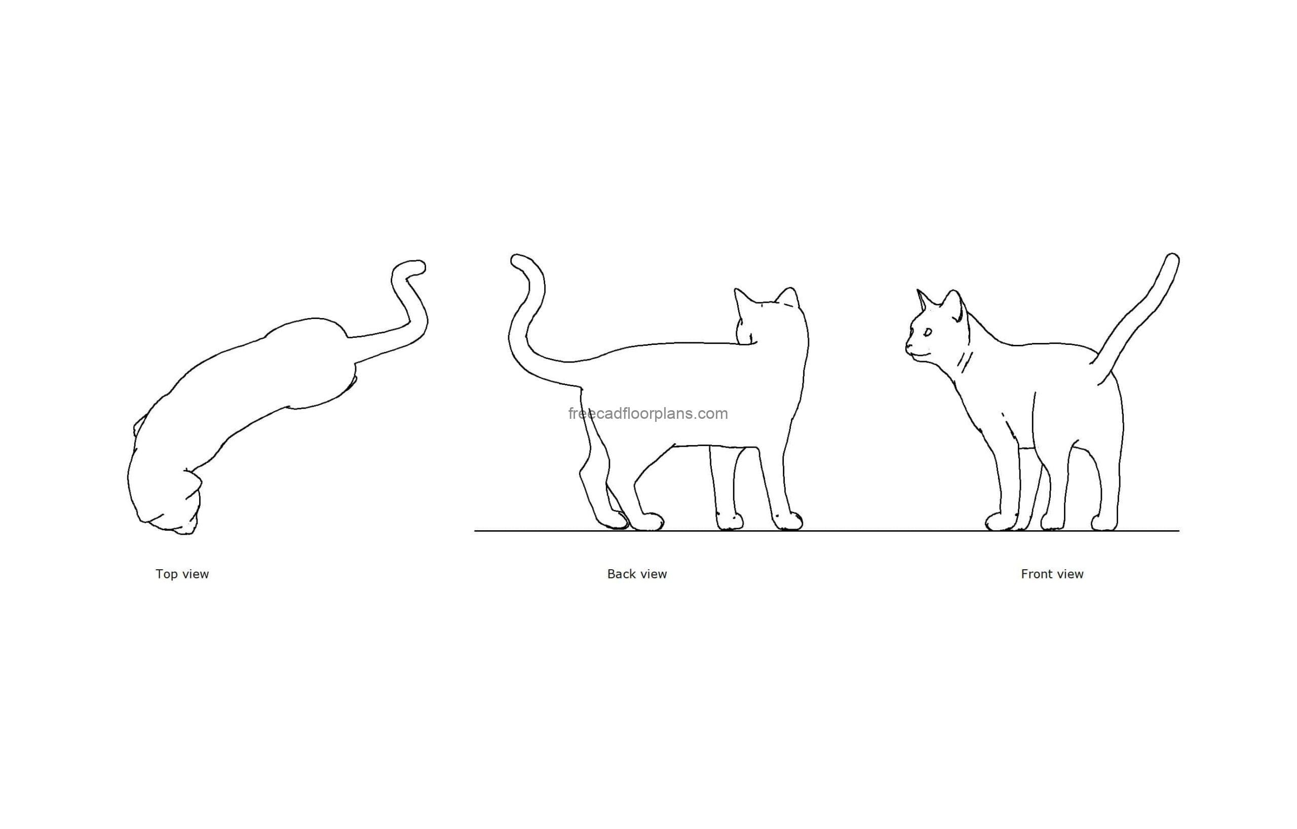 autocad 2d drawing of a cat, plan and elevation views, dwg file free for download