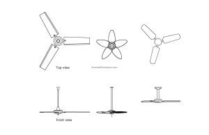 autocad drawing of different ceiling fans, plan and elevation 2d views, free file for download