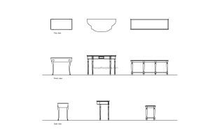 autocad drawing of different classic console tables, dwg drawing 2d plan and elevation views, file for free download