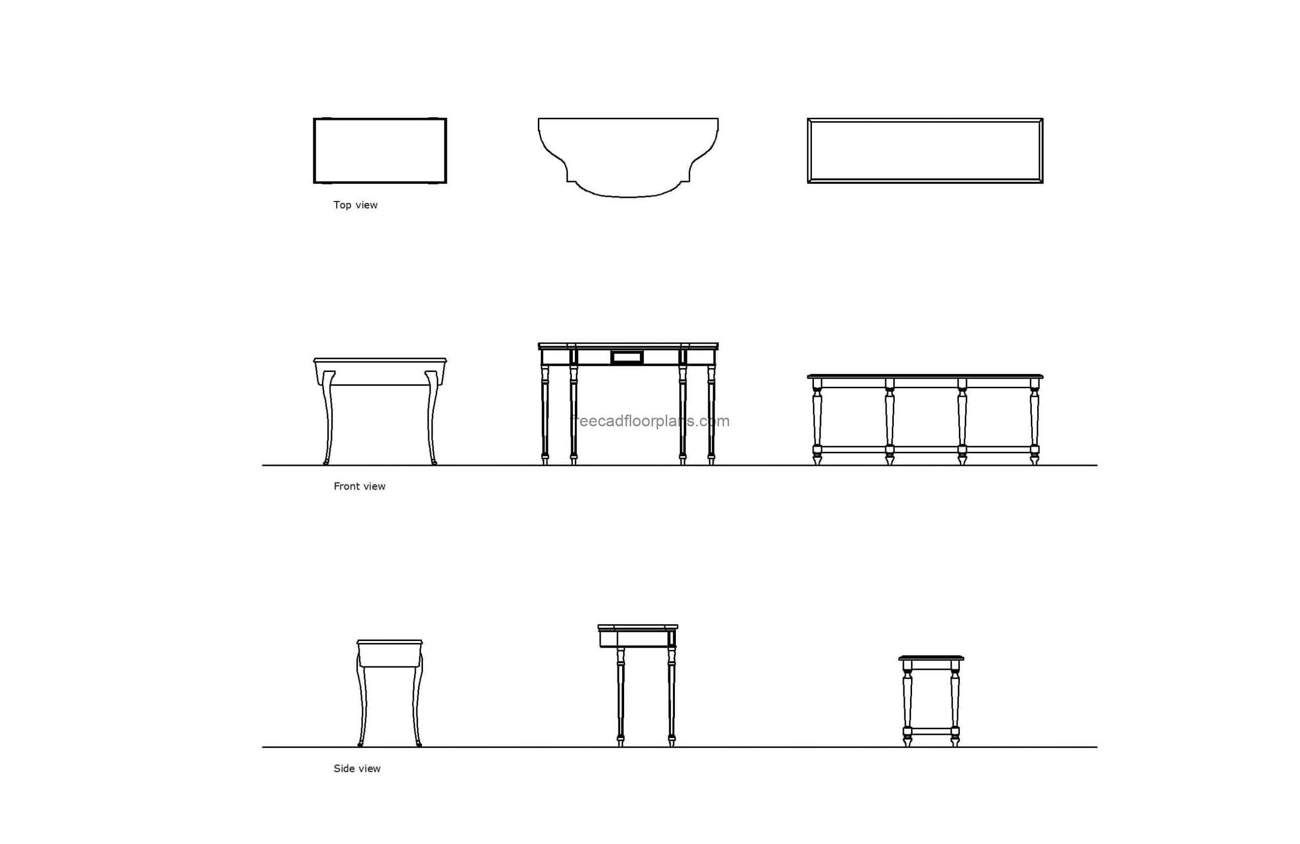 autocad drawing of different classic console tables, dwg drawing 2d plan and elevation views, file for free download
