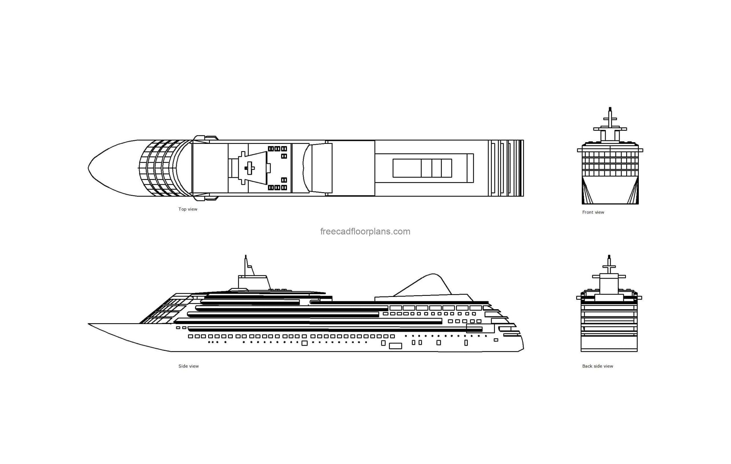 autocad drawing of a cruise ship, 2d plan and elevation views, dwg file free for download