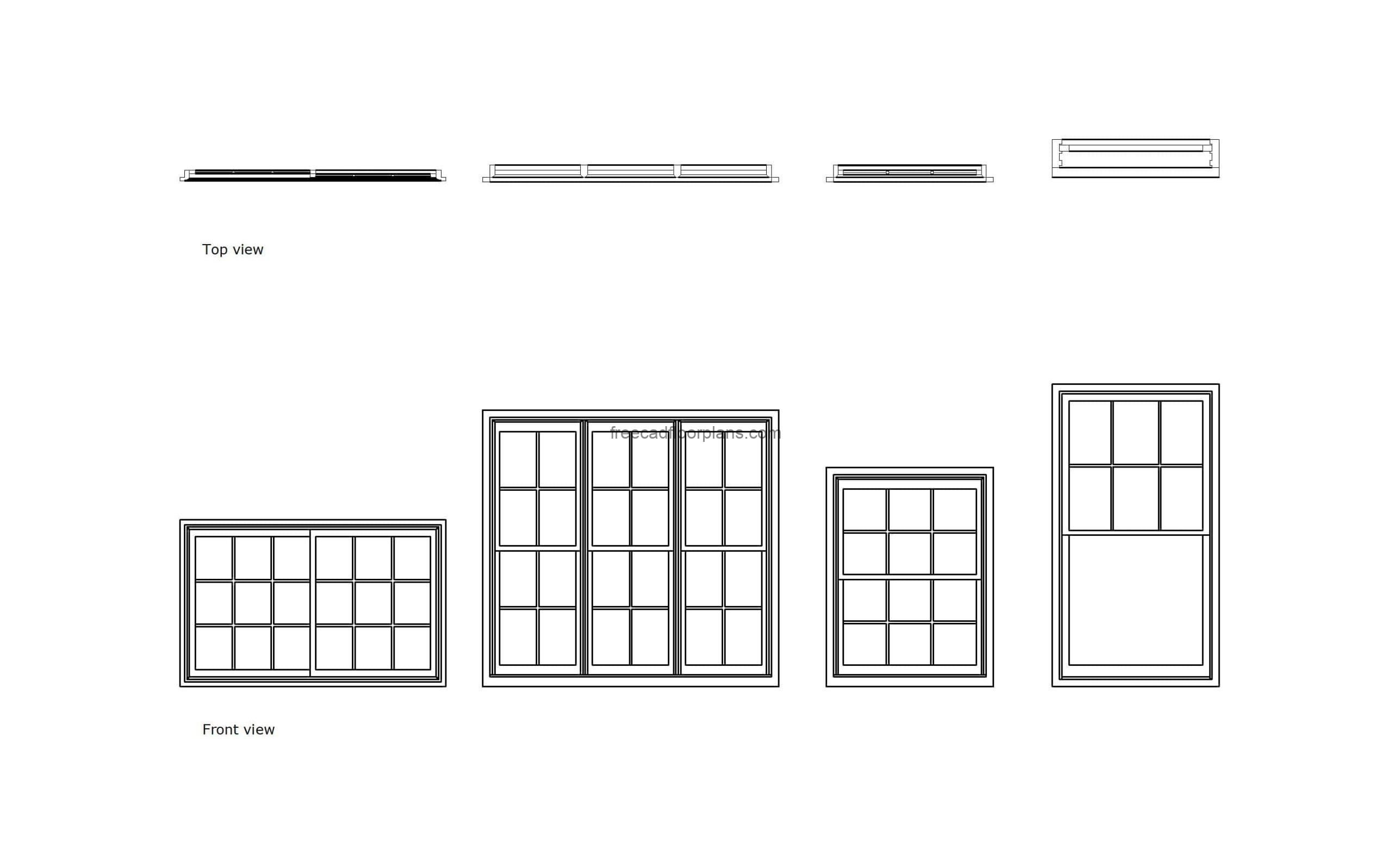 autocad drawing of different double hung windows, plan and elevation 2d views, dwg file free for download