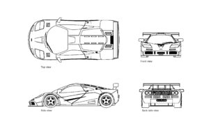 autocad drawing of a Mclaren F1 race car, all 2d views, plan and elevation, dwg file free for download