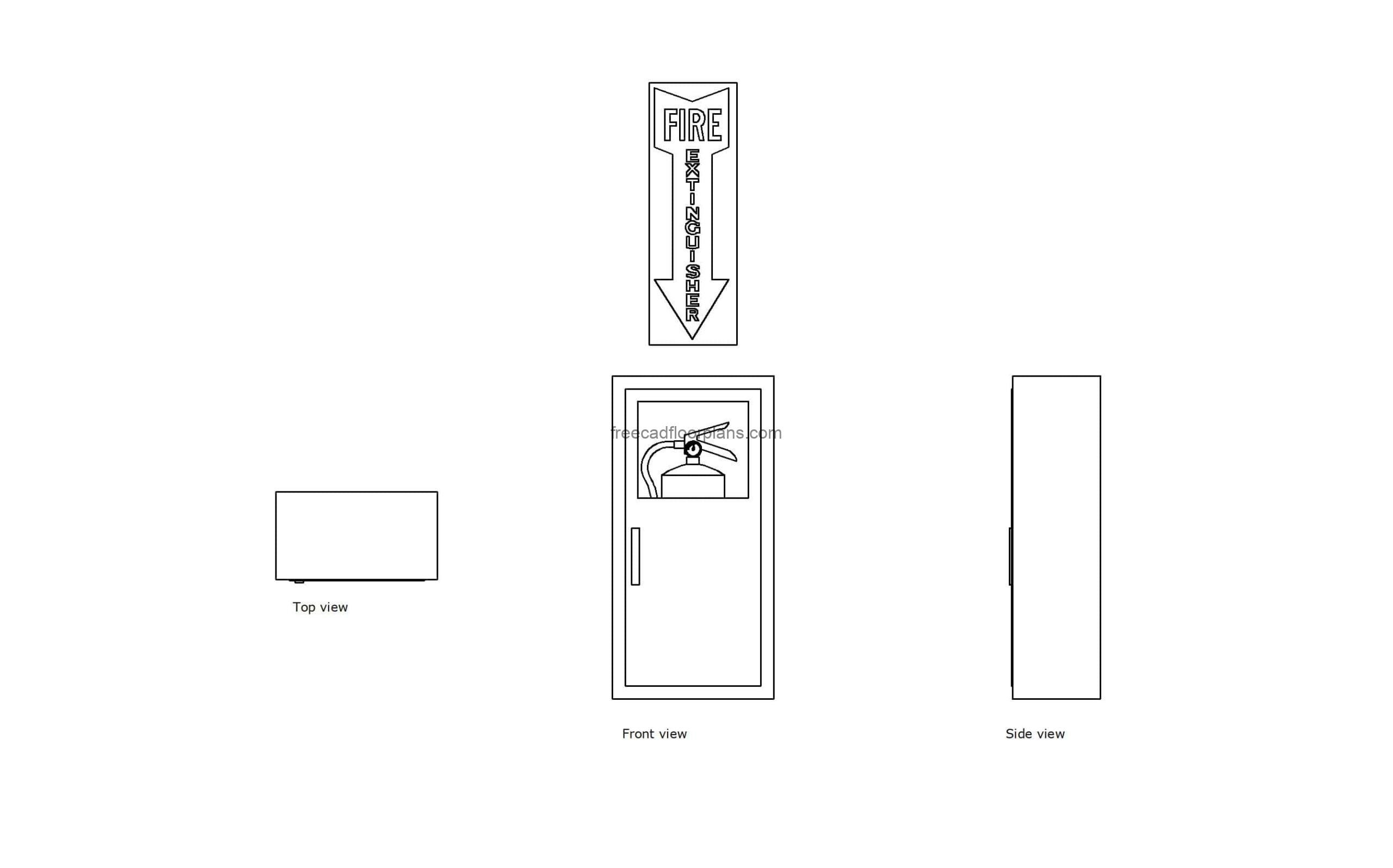 autocad drawing of a fire extinguisher cabinet 2d plan and elevation views, dwg file free for download