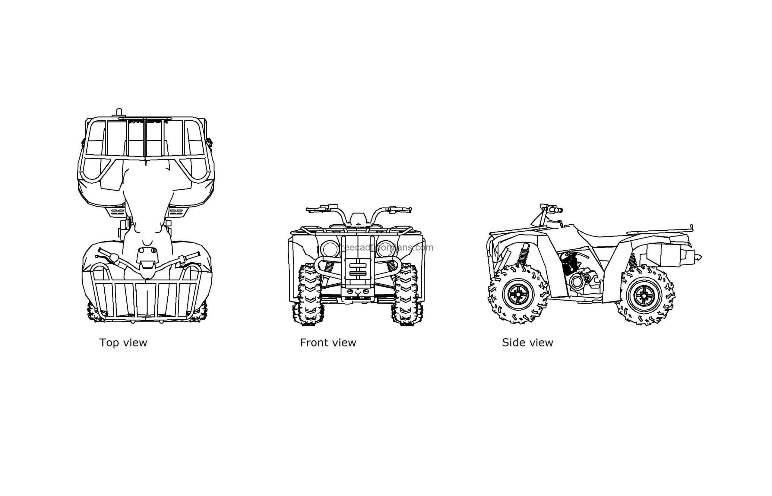 autocad drawing of a four wheeler, plan and elevation 2d views, dwg file free for download