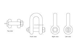 autocad drawing of a green pin shackle, plan and elevation 2d views, dwg file free for download