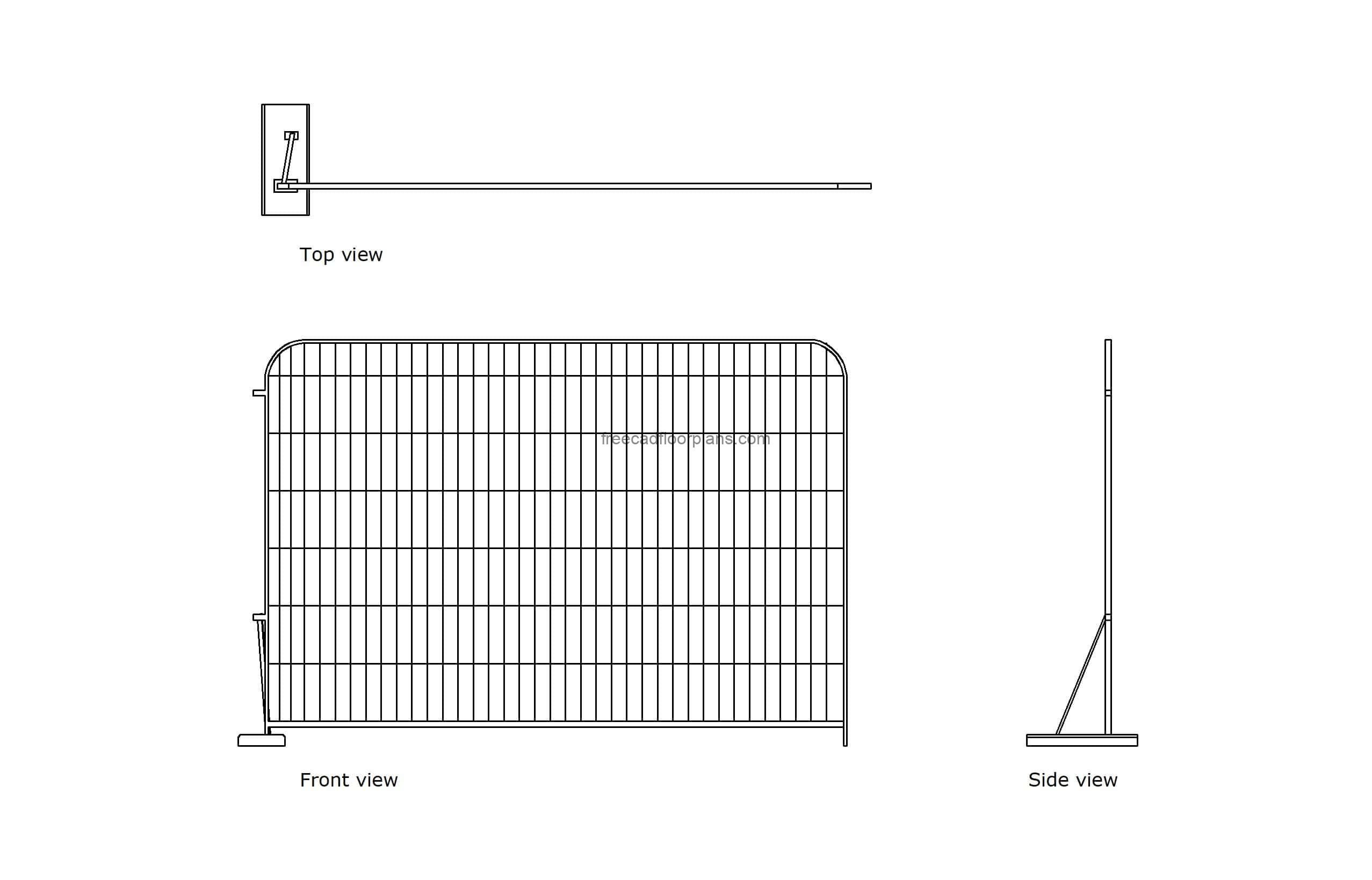 autocad drawing of a heras fence panel, 2d plan and elevation views, dwg file free for download