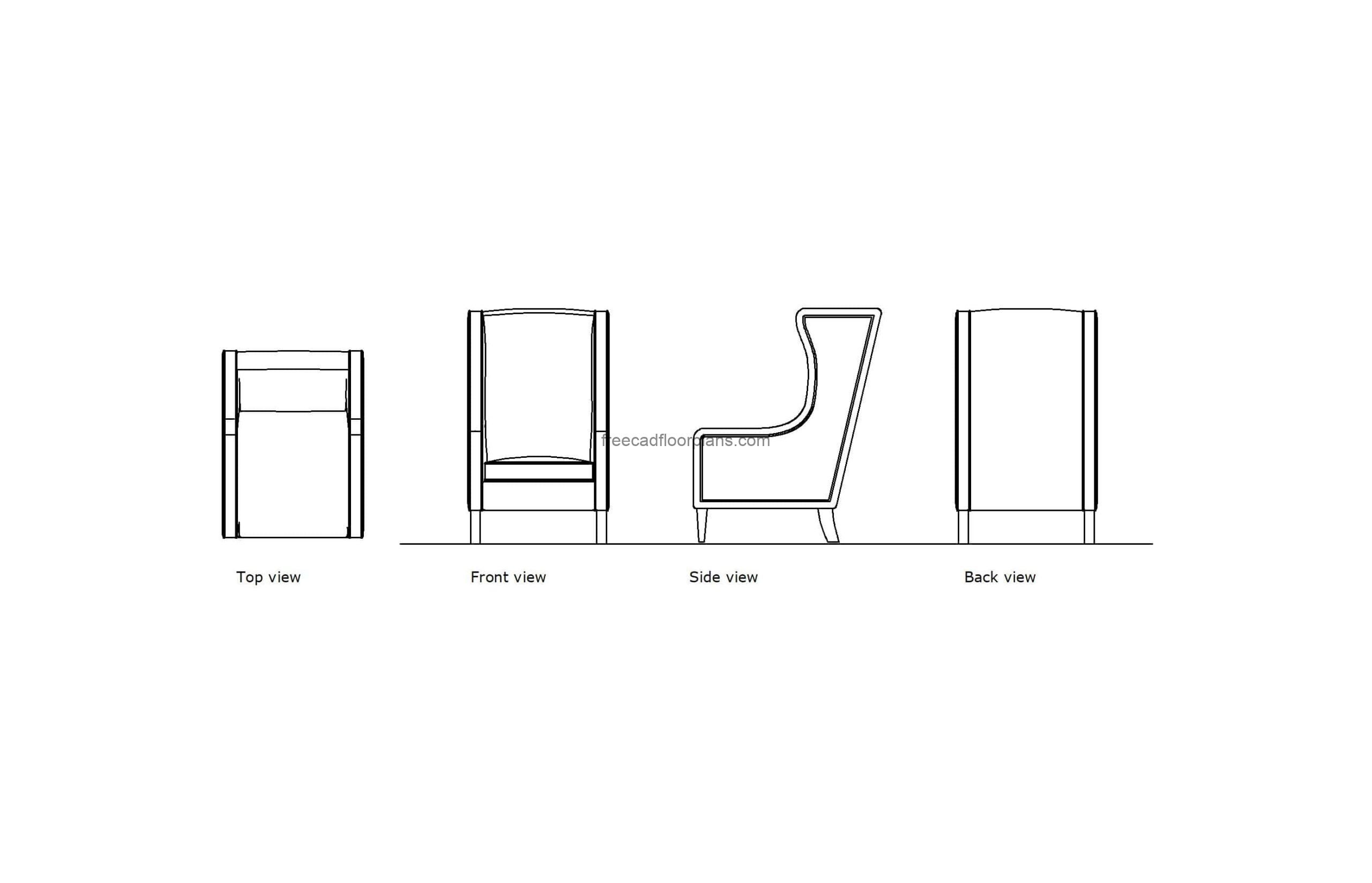 high back chair autocad drawing 2d views, plan and elevations dwg file for free download