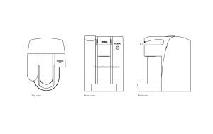 autocad drawing of a keurig coffee maker, plan and elevation 2d views, dwg file free for download