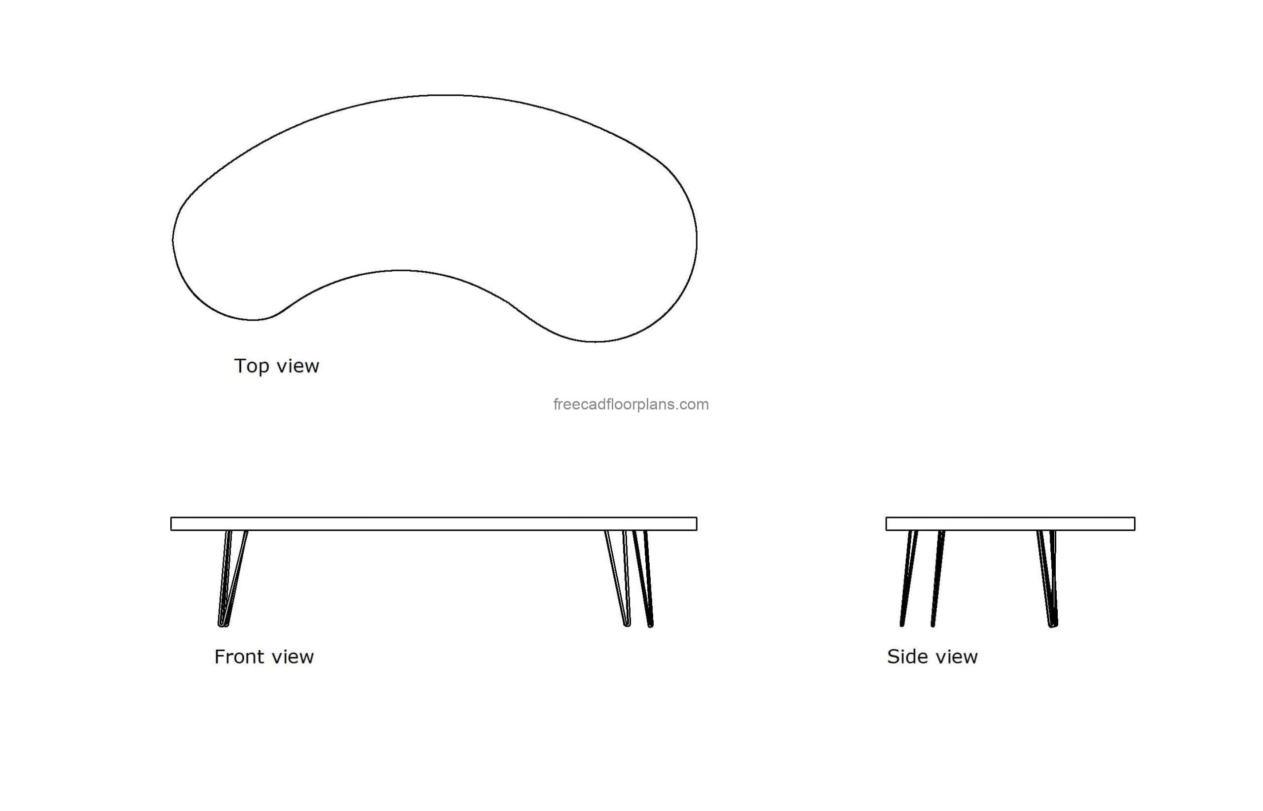 autocad drawing of a kidney desk, 2d views plan and elevation, dwg file free for download